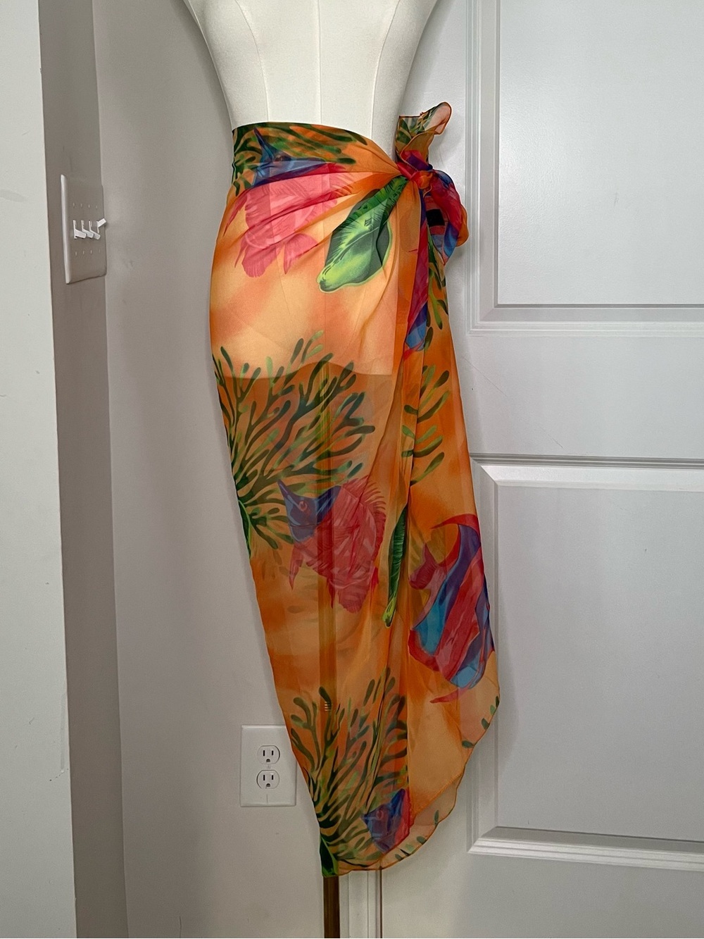 Sheer Orange Floral Scarf /Wrap/Swim coverup